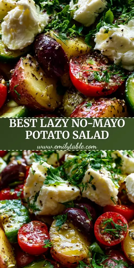 A rustic bowl of Greek Potato Salad featuring red potatoes, feta chunks, and fresh dill. (Greek Potato Salad)