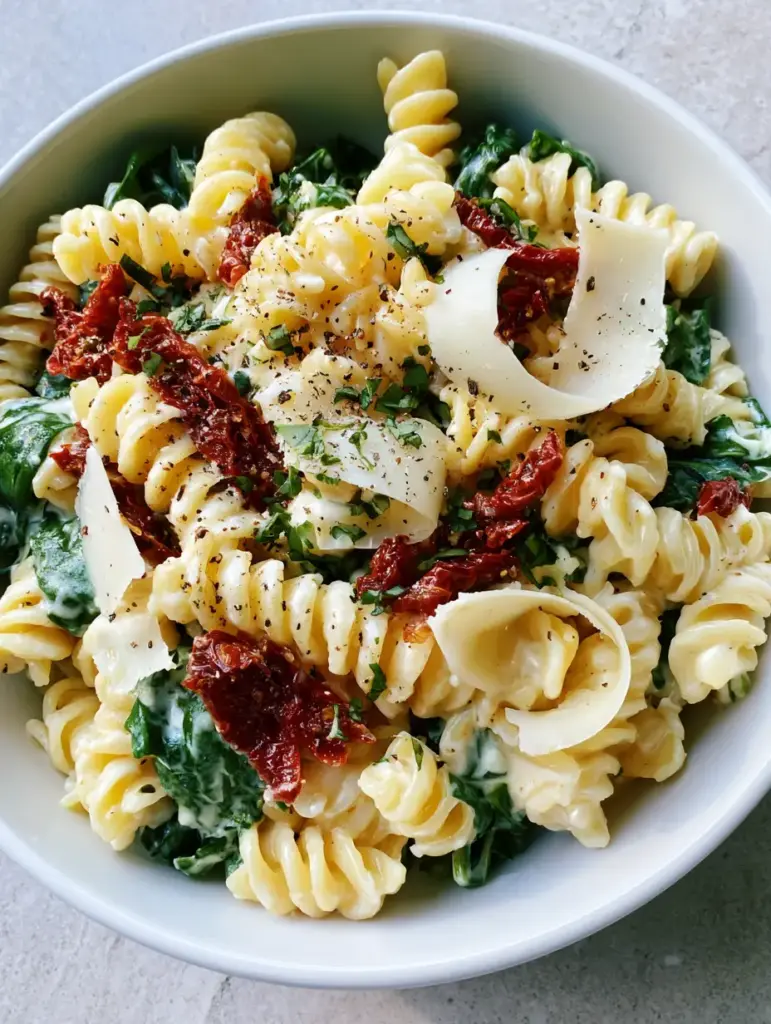 Creamy Tuscan Pasta Salad with Sun-Dried Tomatoes and Basil 1 Alternative angle of the Creamy Tuscan Pasta Salad showing fresh baby spinach and shaved parmesan curls.