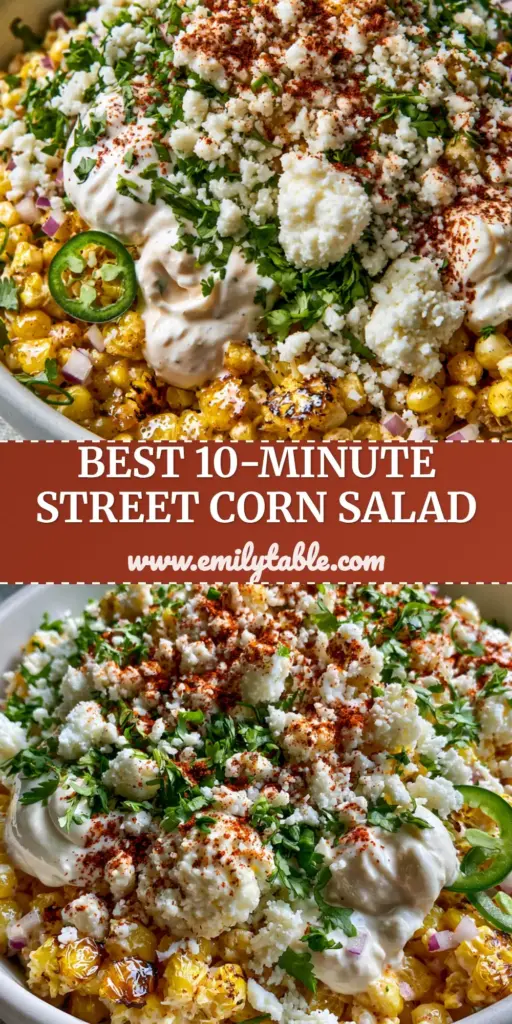 A vibrant Mexican street corn salad in a white bowl, topped with cotija, crema, cilantro, and chili powder.