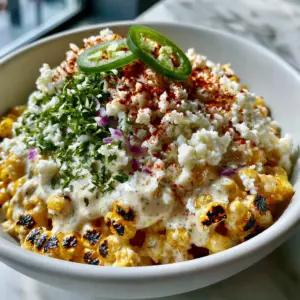 Handheld smartphone photo showing the texture of blistered corn and thick crema in a Mexican Street Corn Salad. (Mexican Street Corn Salad)