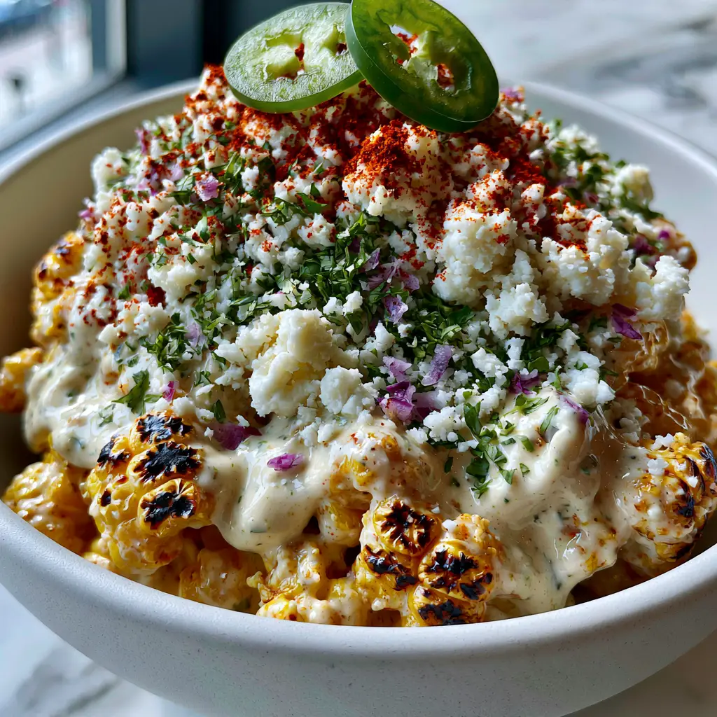 Macro view of snowy cotija cheese and bright red ancho chili powder on top of Mexican Street Corn Salad. (Mexican Street Corn Salad)