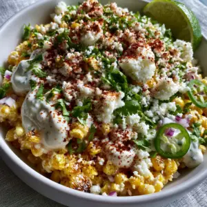 Macro high-angle shot of Mexican street corn salad showing charred kernels and creamy dollops of crema.