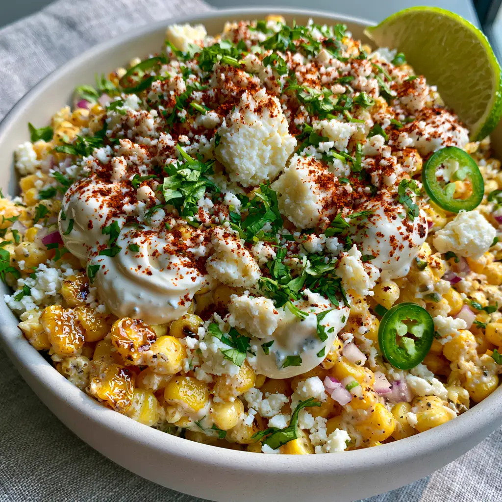 Detailed shot of Mexican street corn salad featuring cotija cheese crumbles and thin jalapeño rings.