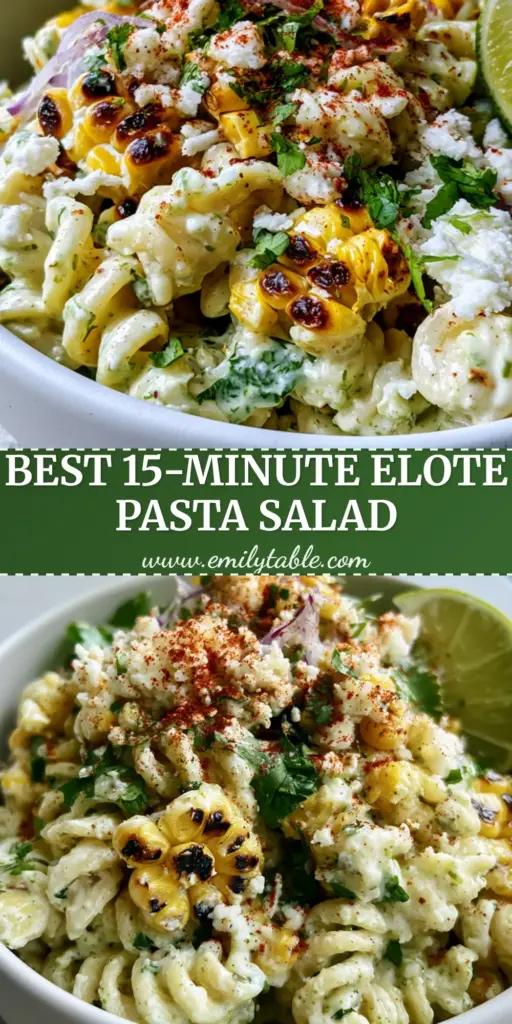 Elote Pasta Salad with Charred Corn and Creamy Cilantro Lime Dressing 3 A vertical macro shot of elote pasta salad in a white bowl featuring charred corn, cotija cheese, and cilantro lime dressing.