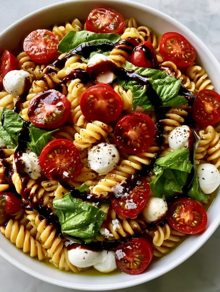Caprese Pasta Salad with Shimmering Olive Oil and Balsamic Glaze 2 A large white ceramic bowl filled with shimmering Caprese Pasta Salad on a light gray marble countertop with soft natural lighting.