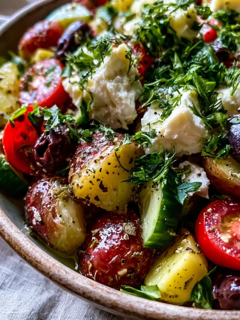Greek Potato Salad in a rustic ceramic bowl with large feta chunks and fresh parsley.