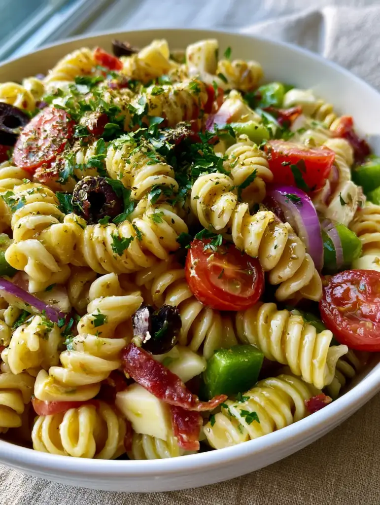 Pasta Salad with Zesty Italian Herb Vinaigrette and Genoa Salami 1 Overhead view of Italian pasta salad with cherry tomatoes, green peppers, and black olives in natural sunlight. (pasta salad)