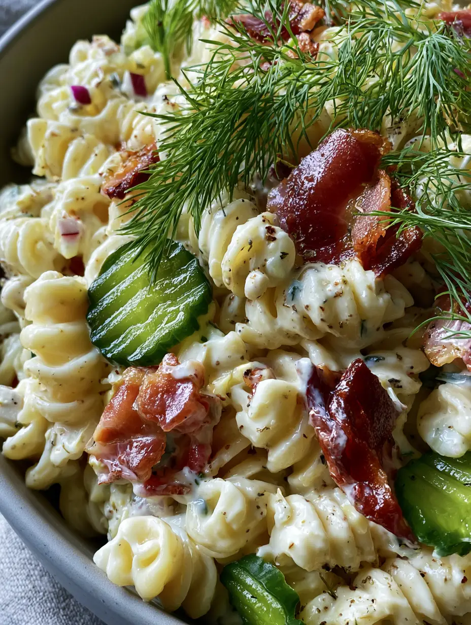 Extreme close-up of dill pickle pasta salad highlighting the velvety white dressing and cracked black pepper flecks on rotini.