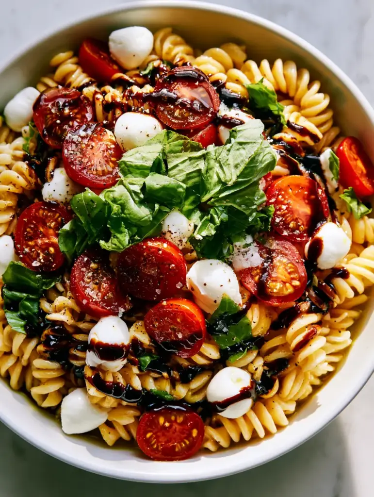 Caprese Pasta Salad with Shimmering Olive Oil and Balsamic Glaze 1 Close-up shot of golden rotini pasta coated in olive oil with bright red tomatoes and fresh mozzarella pearls.