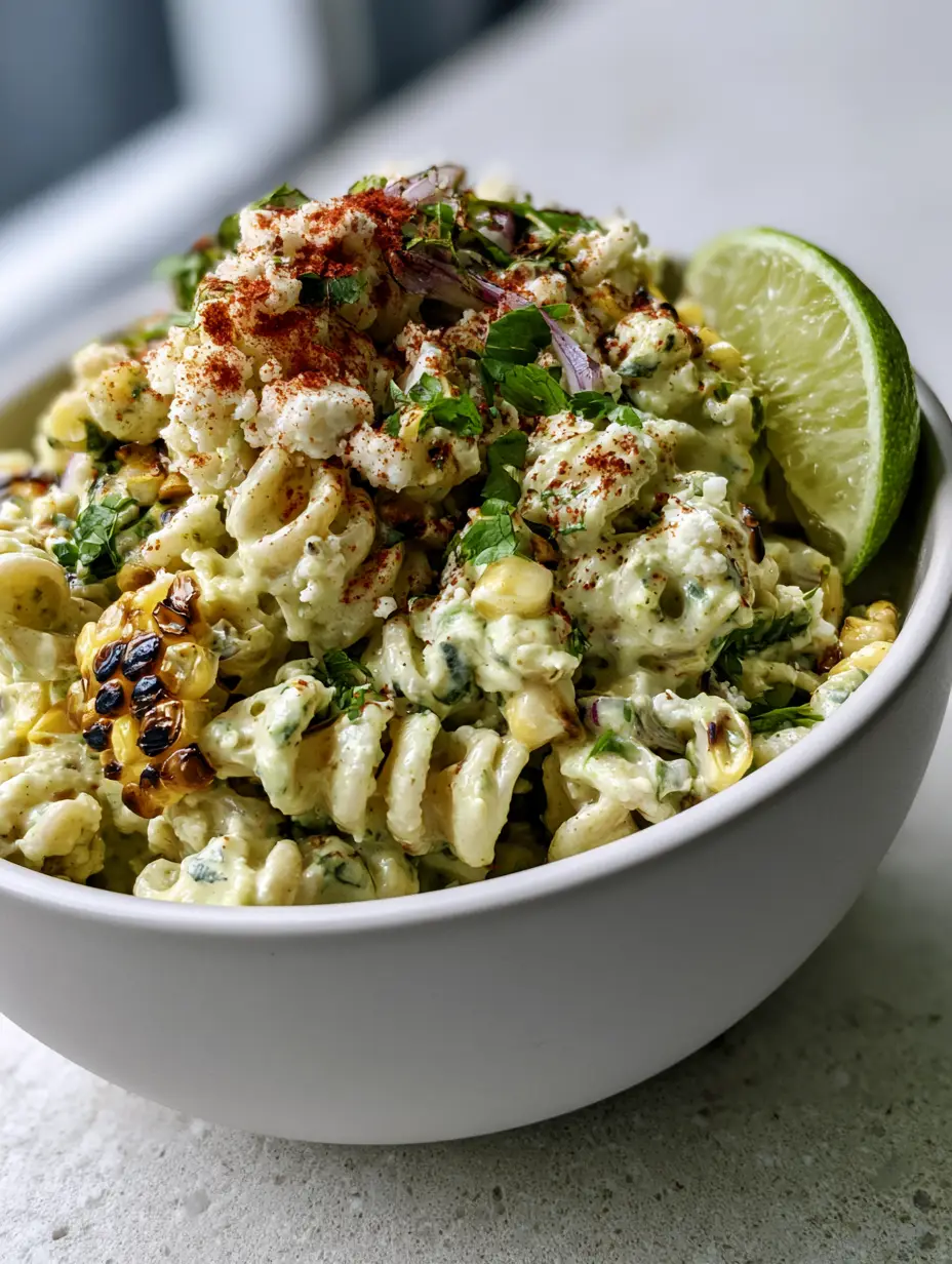 Elote Pasta Salad with Charred Corn and Creamy Cilantro Lime Dressing 4 Close-up of rotini pasta coated in green cilantro lime dressing with charred corn kernels and smoked paprika. (elote pasta salad)