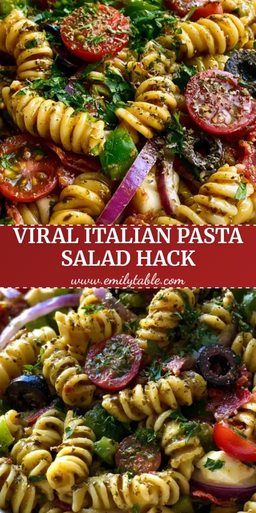Pasta Salad with Zesty Italian Herb Vinaigrette and Genoa Salami 4 A large white bowl of viral Italian pasta salad with rotini, salami ribbons, and mozzarella cubes. (pasta salad)