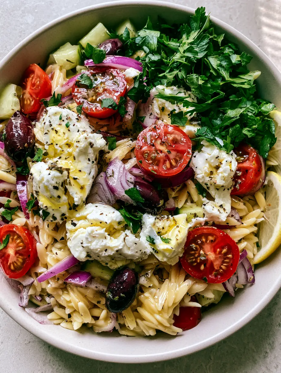 Summer Orzo Pasta Salad: The Ultimate Vibrant Mediterranean Guide 3 Close up of glistening Summer orzo pasta salad showing textures of feta and olives.