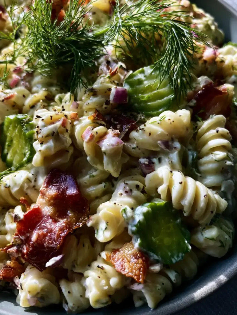 Overhead shot of dill pickle pasta salad with vibrant green crinkle-cut pickles and mahogany-colored bacon pieces.