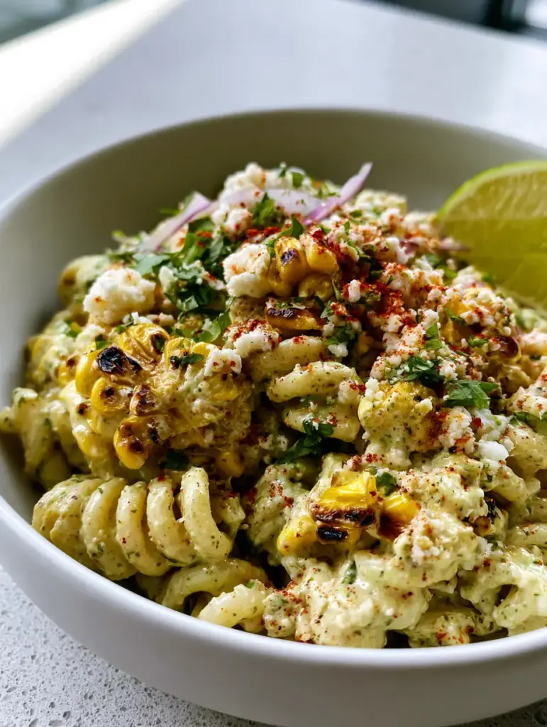 Elote Pasta Salad with Charred Corn and Creamy Cilantro Lime Dressing 1 A handheld smartphone photo of a bowl of elote pasta salad on a grey stone countertop with lime wedges.