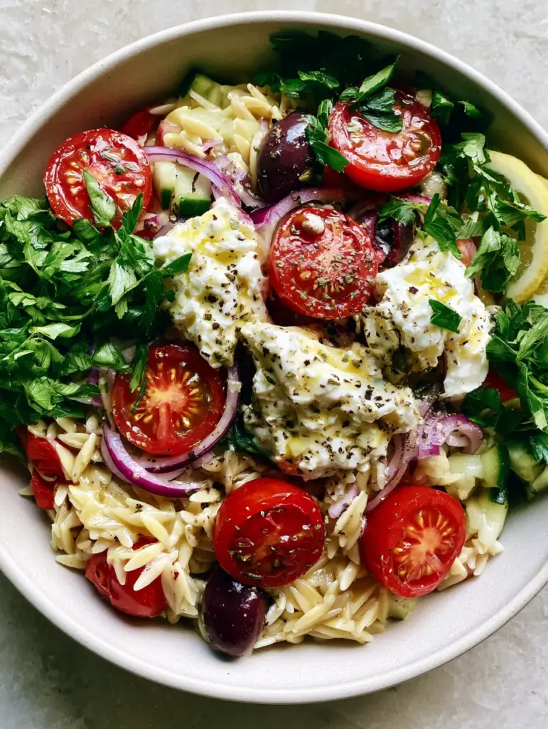 Summer Orzo Pasta Salad: The Ultimate Vibrant Mediterranean Guide 1 Table scene featuring a matte white bowl of Summer orzo pasta salad with tomatoes and cucumbers.
