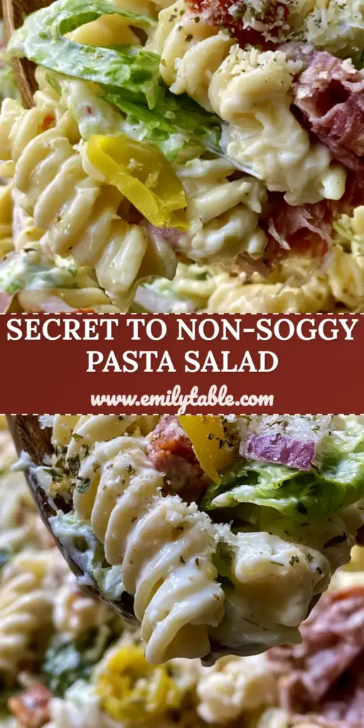 Italian Grinder Pasta Salad: The Ultimate Creamy Deli-Style Recipe 3 A close-up of a wooden spoon lifting a scoop of creamy Italian grinder pasta salad featuring rotini, salami, and peppers.