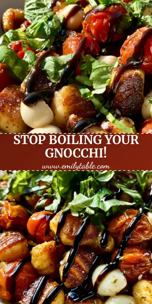 Gnocchi Salad with Crispy Pan-Seared Texture and Blistered Tomatoes 4 A minimalist white ceramic bowl filled with crispy pan-seared gnocchi salad, blistered cherry tomatoes, white mozzarella pearls, and a thick balsamic glaze drizzle.