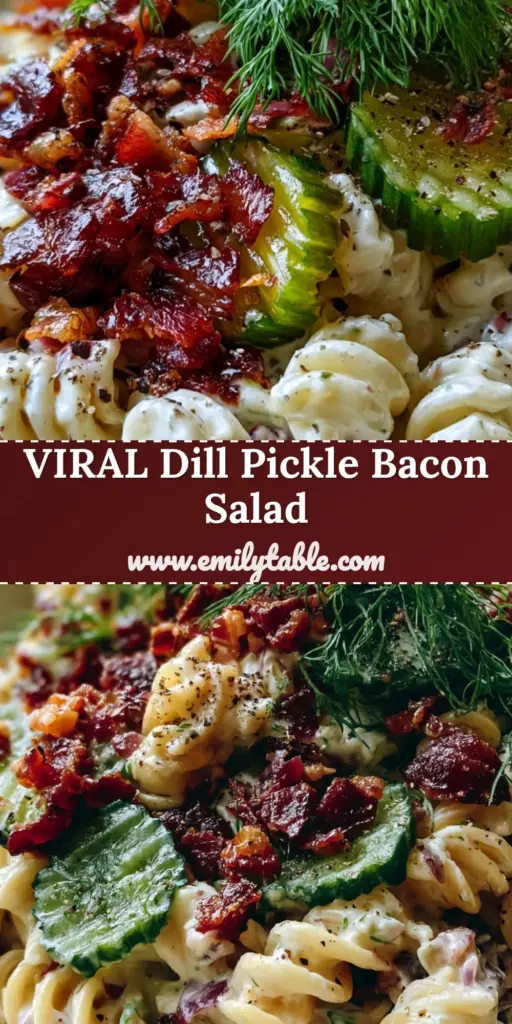 Dill Pickle Bacon Pasta Salad with Extra-Crispy Mahogany Bacon 3 An extreme close-up of Dill Pickle Bacon Pasta Salad in a white ceramic bowl featuring mahogany bacon and emerald pickles.