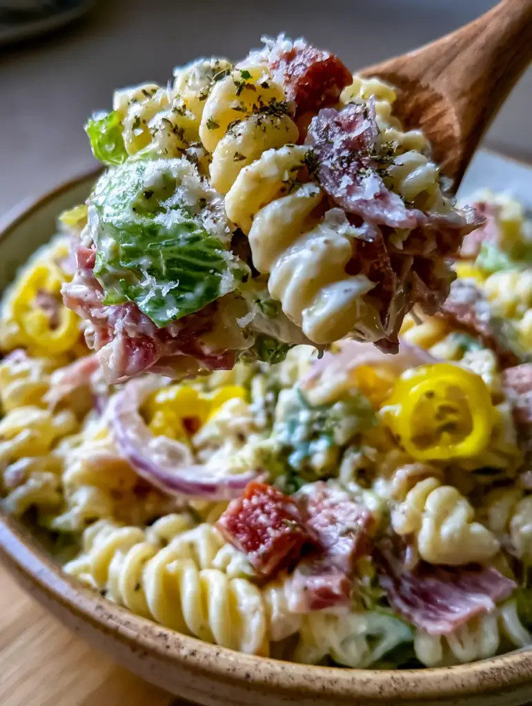 Italian Grinder Pasta Salad: The Ultimate Creamy Deli-Style Recipe 2 Macro photo of Italian grinder pasta salad with glossy white dressing, red onion ribbons, and pepperoni cubes.