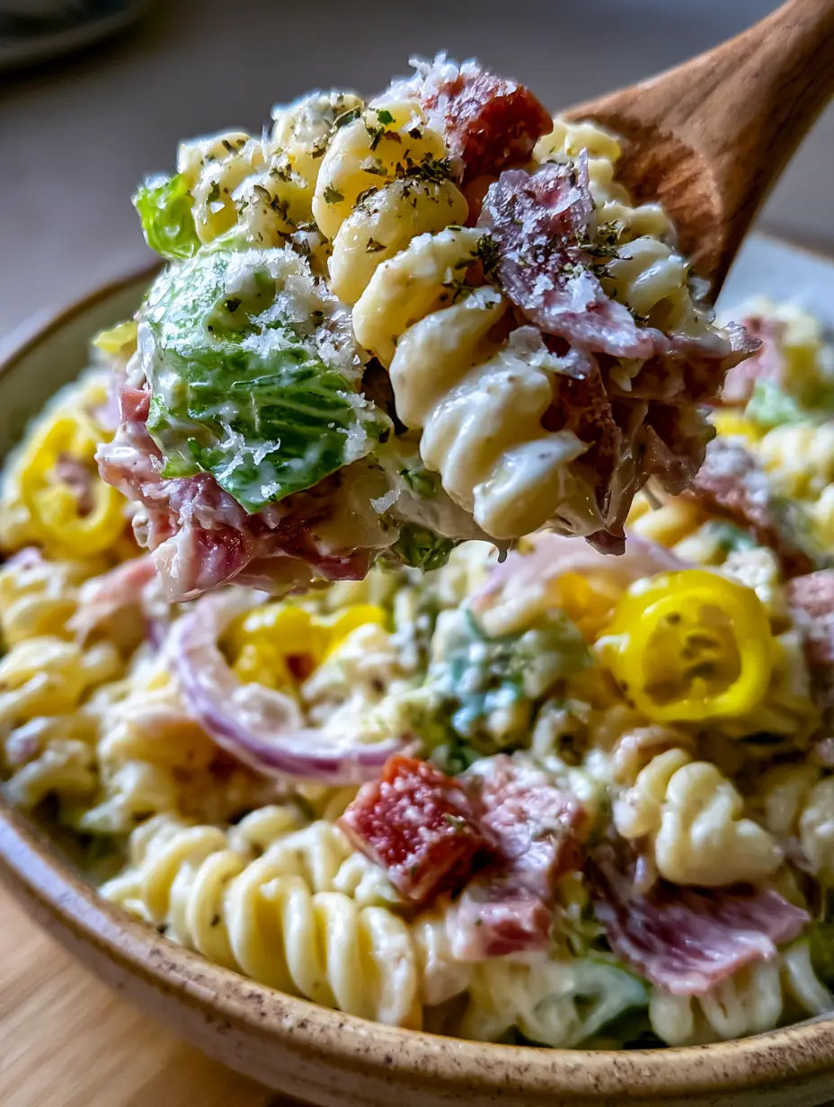 Italian Grinder Pasta Salad: The Ultimate Creamy Deli-Style Recipe 4 Macro photo of Italian grinder pasta salad with glossy white dressing, red onion ribbons, and pepperoni cubes.