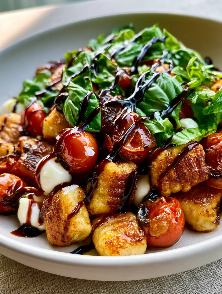 Gnocchi Salad with Crispy Pan-Seared Texture and Blistered Tomatoes 3 Macro handheld photo of a crispy gnocchi salad with deep golden-brown seared gnocchi and glistening olive oil.