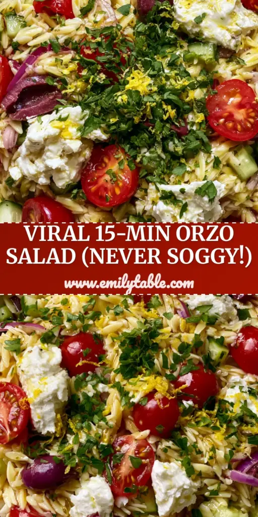 A vibrant Mediterranean orzo salad with feta, olives, and tomatoes in a white bowl. (orzo salad)