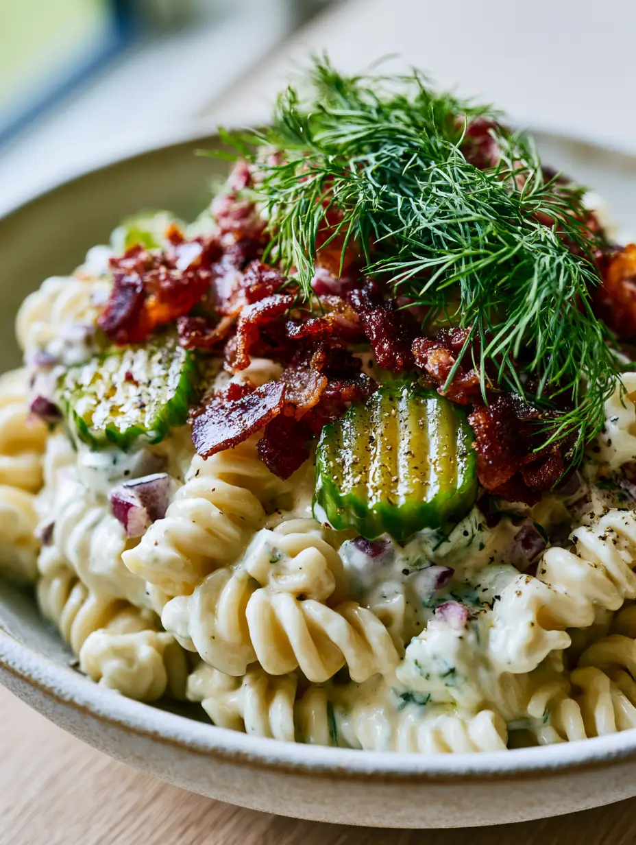 Dill Pickle Bacon Pasta Salad with Extra-Crispy Mahogany Bacon 4 Smartphone photo of rotini pasta coated in ivory dressing with mahogany bacon bits and fresh dill. (dill pickle bacon pasta salad)