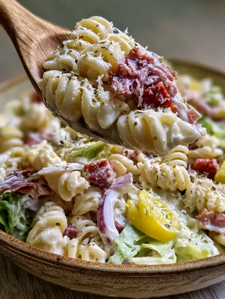 Italian Grinder Pasta Salad: The Ultimate Creamy Deli-Style Recipe 1 Overhead view of Italian grinder pasta salad in a ceramic bowl with heavy parmesan dusting and fresh herbs.