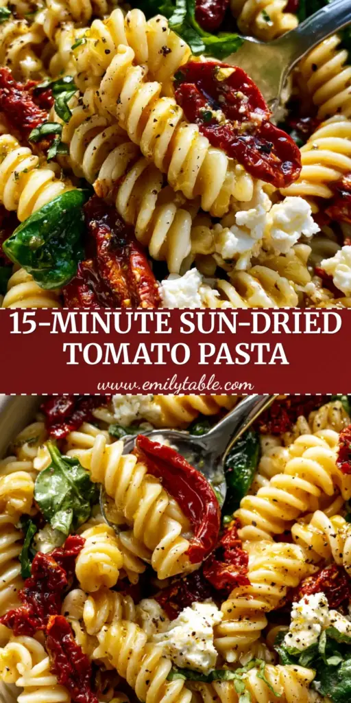 A close-up of sun-dried tomato pasta salad with fusilli, feta chunks, and spinach in a white bowl. (sun-dried tomato pasta salad)