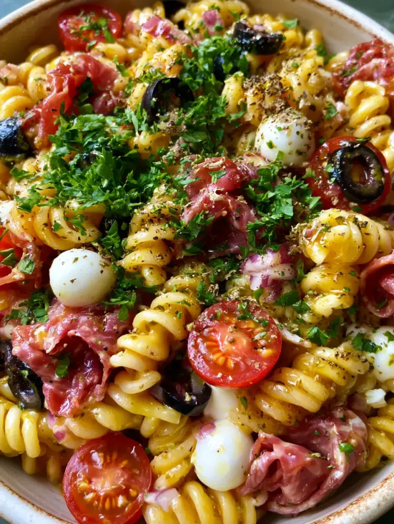 Italian Antipasto Pasta Salad with Zesty Genoa Salami and Mozzarella 2 Close-up of glistening al dente rotini pasta coated in zesty Italian dressing with folded salami ribbons and cherry tomatoes. (Italian Antipasto Pasta Salad)