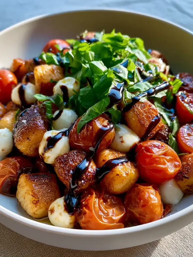 Gnocchi Salad with Crispy Pan-Seared Texture and Blistered Tomatoes 1 Close up of blistered cherry tomatoes and mozzarella pearls mixed with crispy gnocchi and fresh basil.