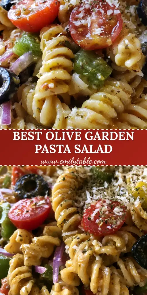 Olive Garden Pasta Salad: The Ultimate Copycat Zesty Italian Recipe 3 A vibrant Olive Garden Pasta Salad in a white bowl featuring rotini noodles, cherry tomatoes, and black olives. (Olive Garden Pasta Salad)