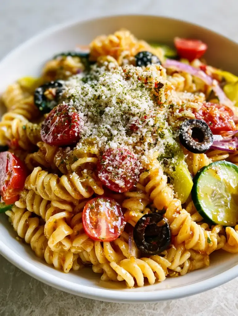 Olive Garden Pasta Salad: The Ultimate Zesty Copycat Recipe 2 Close-up handheld smartphone photo of a glistening Olive Garden pasta salad with shimmering golden dressing and snow-like parmesan.