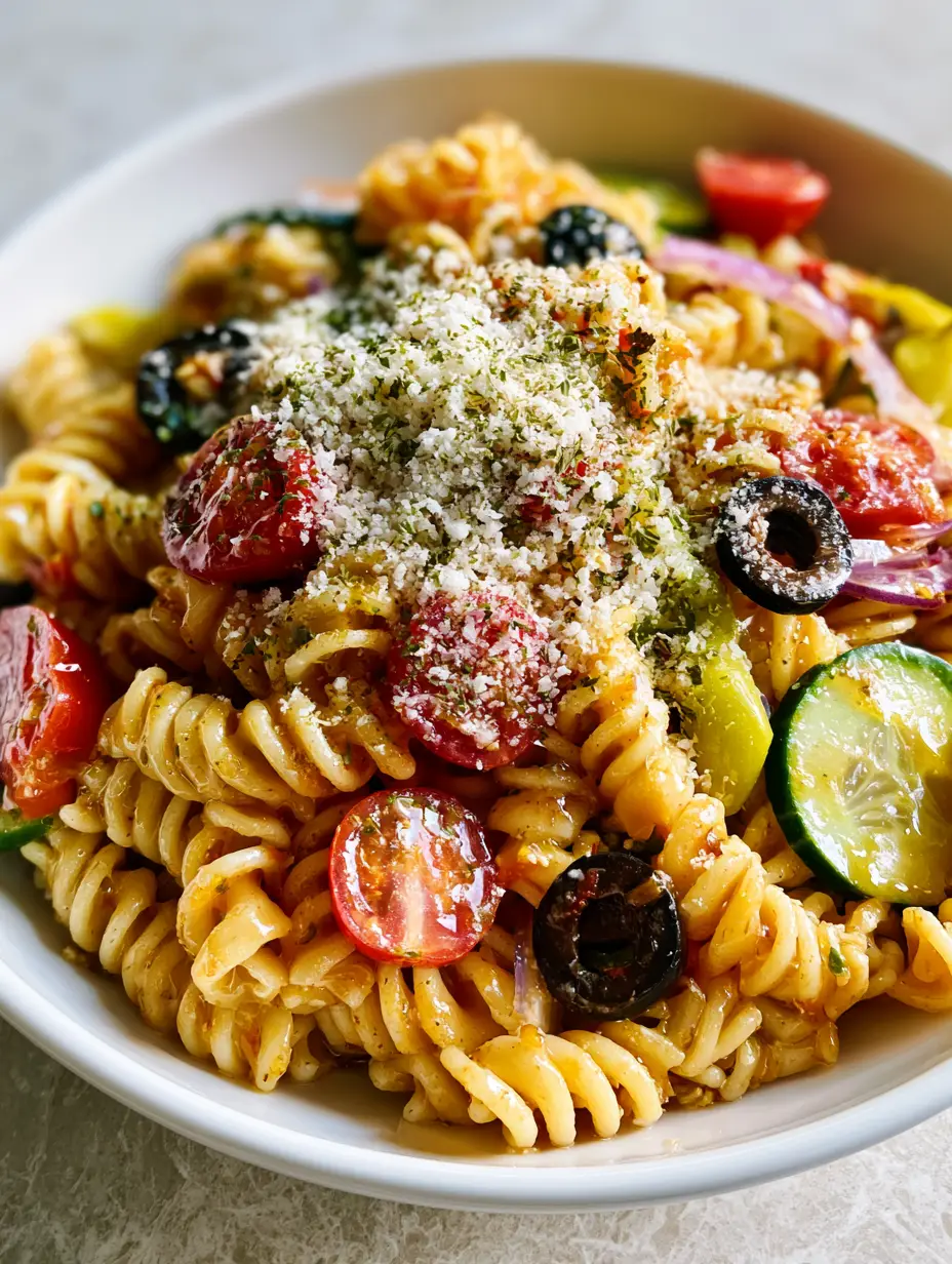 Olive Garden Pasta Salad: The Ultimate Zesty Copycat Recipe 3 Close-up handheld smartphone photo of a glistening Olive Garden pasta salad with shimmering golden dressing and snow-like parmesan.