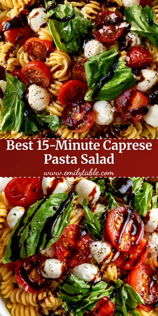 Caprese Pasta Salad with Shimmering Olive Oil and Balsamic Glaze 3 A top-down view of a Caprese Pasta Salad in a white bowl featuring rotini, mozzarella pearls, halved tomatoes, and a thick balsamic drizzle on a marble counter.