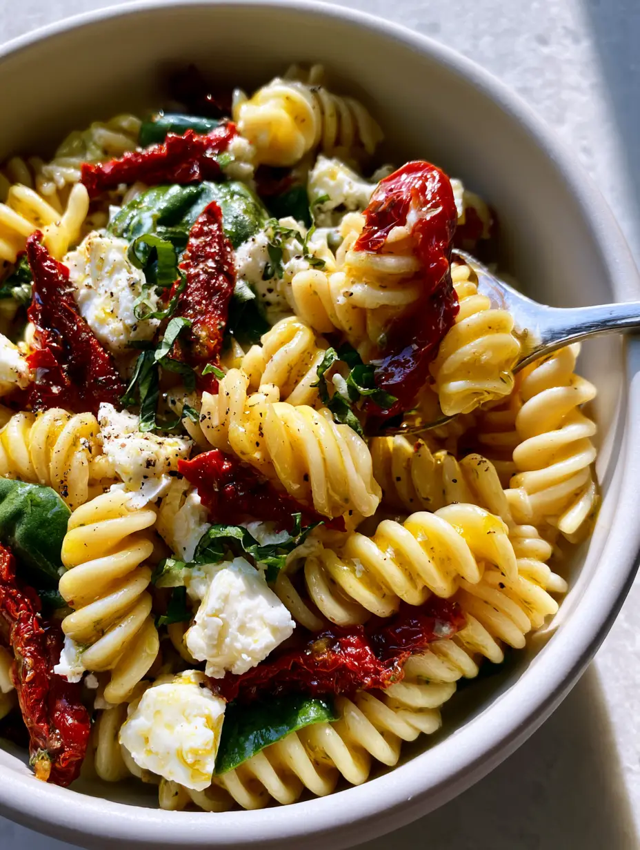 Extreme overhead close-up showing the glistening ridges of fusilli and ruby-red sun-dried tomatoes. (sun-dried tomato pasta salad)