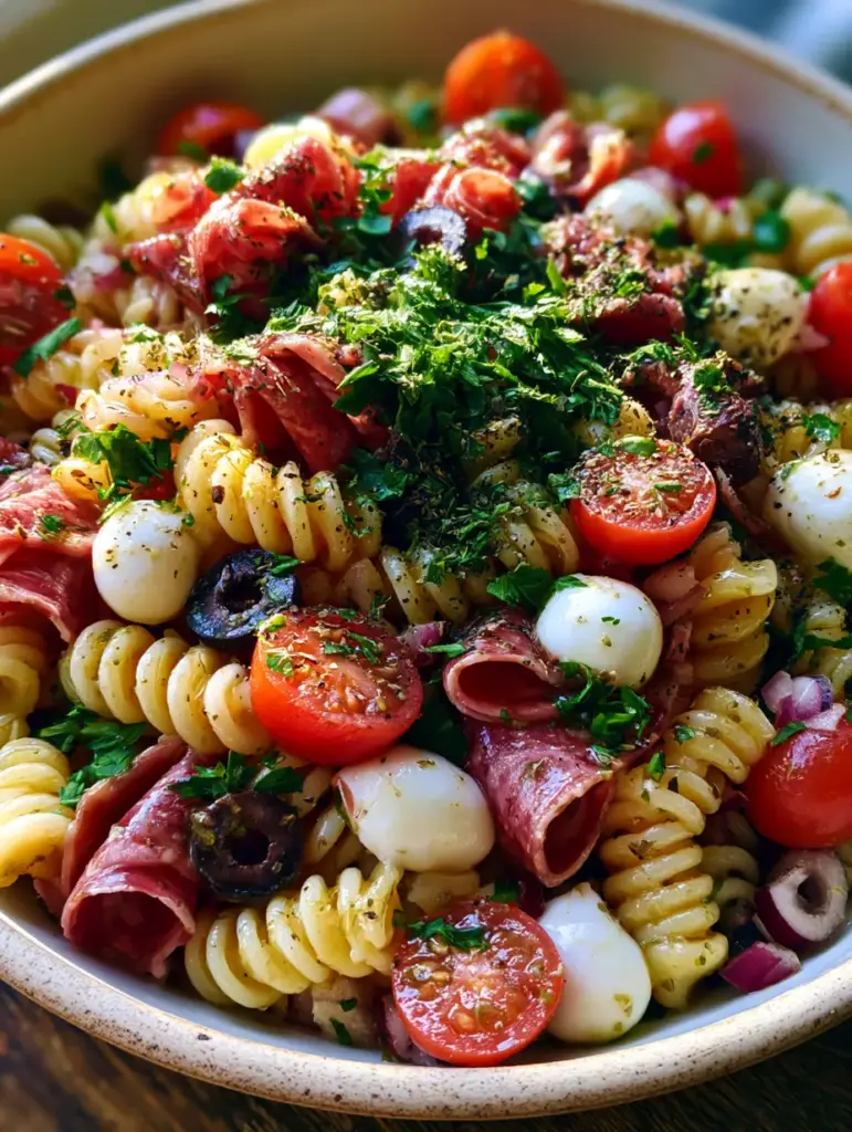 Italian Antipasto Pasta Salad with Zesty Genoa Salami and Mozzarella 1 A wide overhead shot of Italian Antipasto Pasta Salad showing the heavy garnish of emerald green parsley and cracked black pepper in a white bowl.