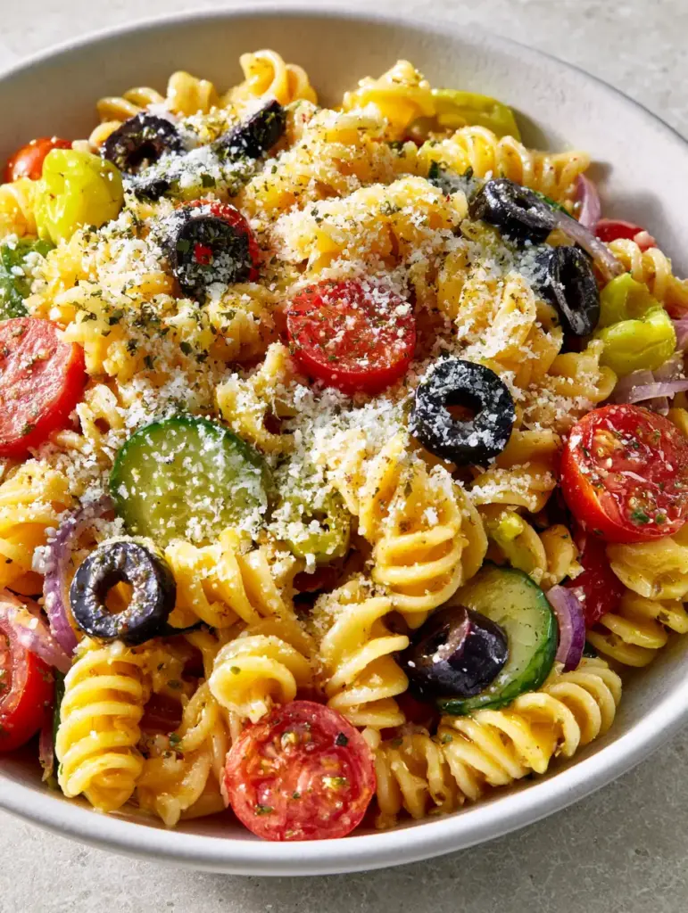 Olive Garden Pasta Salad: The Ultimate Zesty Copycat Recipe 1 Top-down view of Olive Garden style pasta salad in a shallow white bowl showcasing sliced olives, cucumbers, and whole pepperoncinis.