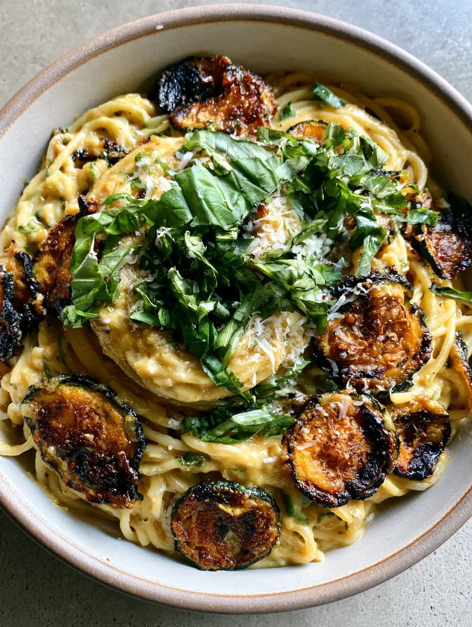 Spaghetti alla Nerano: The Ultimate Guide to Italy’s Most Luxurious Fried Zucchini Pasta 3 Macro top-down shot of al dente spaghetti twirled with deep-fried golden zucchini coins and a creamy provolone glaze. (Spaghetti alla Nerano)
