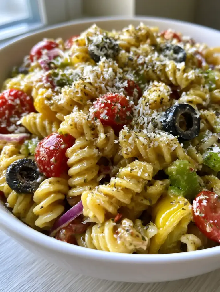 Olive Garden Pasta Salad: The Ultimate Copycat Zesty Italian Recipe 2 Close-up of al dente rotini pasta glistening with golden Italian dressing and herbs. (Olive Garden Pasta Salad)