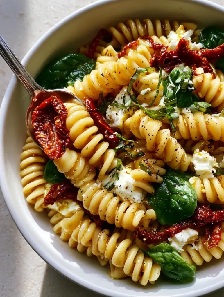 A silver spoon lifting a cluster of pasta, sun-dried tomato, and spinach from a white ceramic bowl. (sun-dried tomato pasta salad)