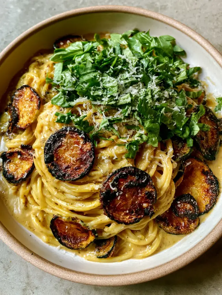 Spaghetti alla Nerano: The Ultimate Guide to Italy’s Most Luxurious Fried Zucchini Pasta 1 High-quality smartphone photo of Spaghetti alla Nerano topped with micro-planed provolone cheese and emerald green basil.