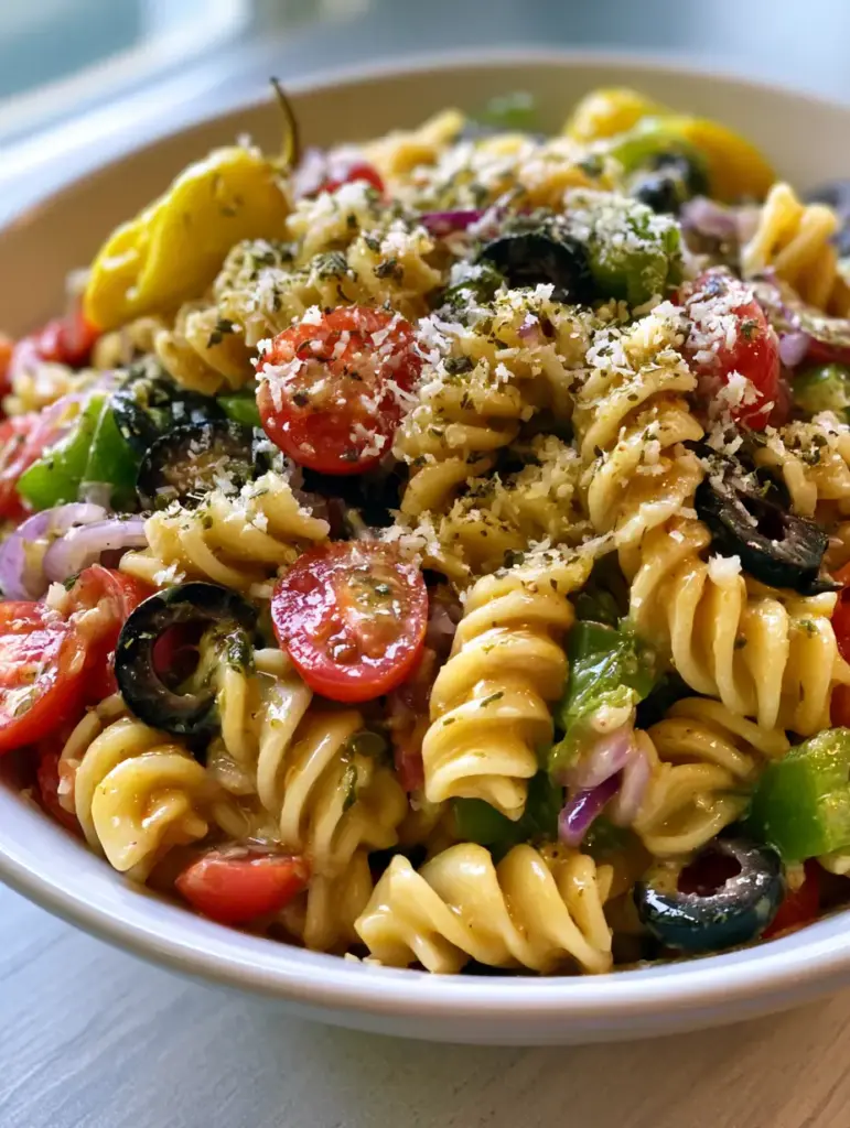 Olive Garden Pasta Salad: The Ultimate Copycat Zesty Italian Recipe 1 Wide shot of the Olive Garden Pasta Salad showing whole pepperoncinis and finely grated parmesan cheese.