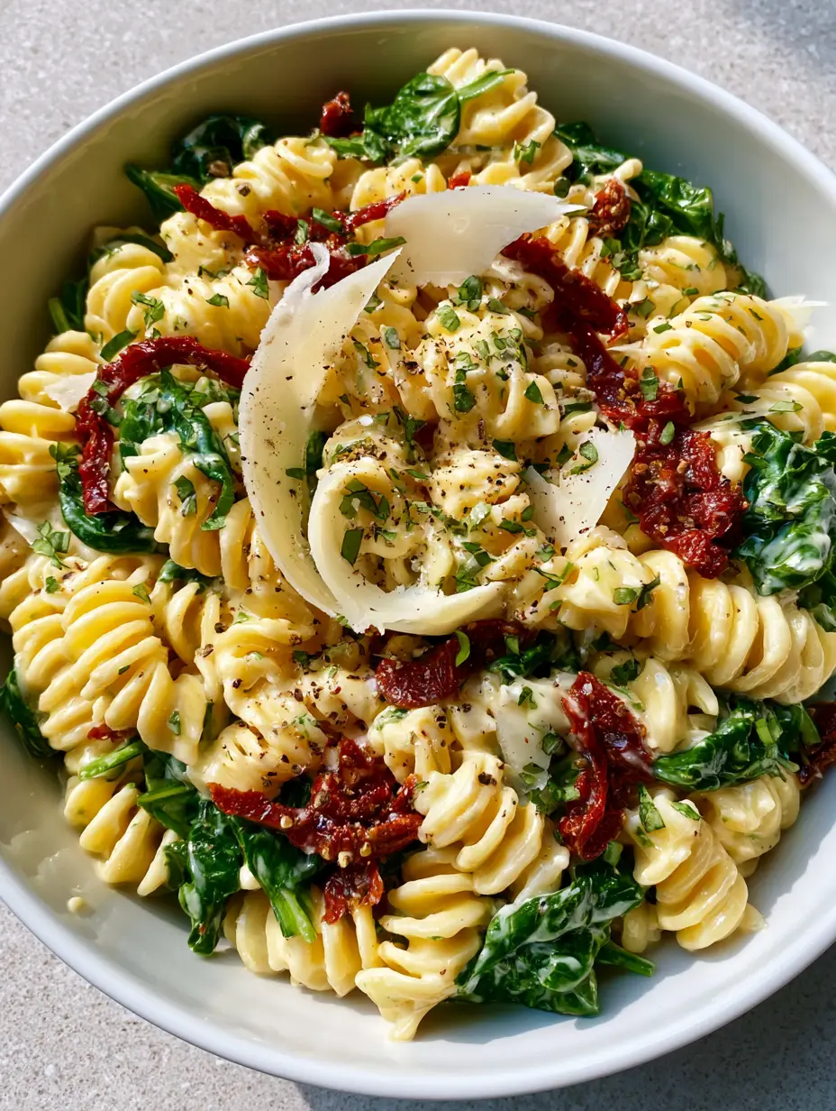 Creamy Tuscan Pasta Salad with Sun-Dried Tomatoes and Basil 3 Close-up handheld photo of Creamy Tuscan Pasta Salad with glossy white dressing and ruby red sun-dried tomatoes.