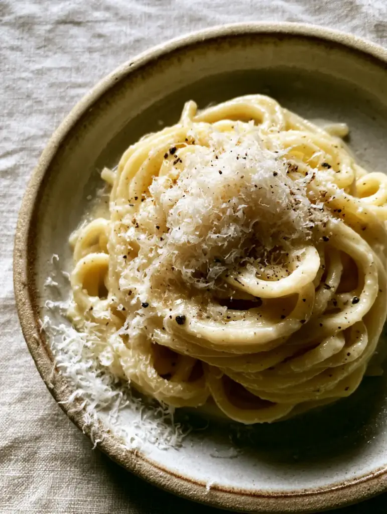Authentic Italian Pasta Recipes: The Ultimate Creamy Cacio e Pepe 2 Overhead macro shot of thick spaghetti in a silk-like ivory cheese sauce with cracked pepper. (authentic Italian pasta recipes)