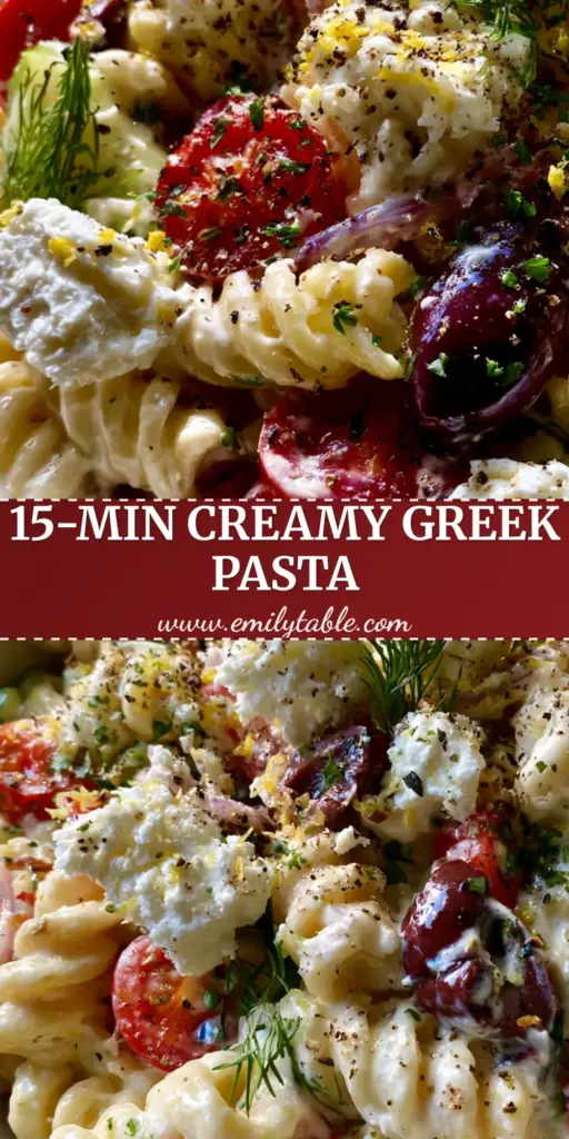 Greek Pasta with Feta: The Creamiest 20-Minute Mediterranean Dinner 4 A top-down view of Greek Pasta with Feta showing fusilli in a creamy white sauce topped with whole kalamata olives, cherry tomatoes, and fresh dill.
