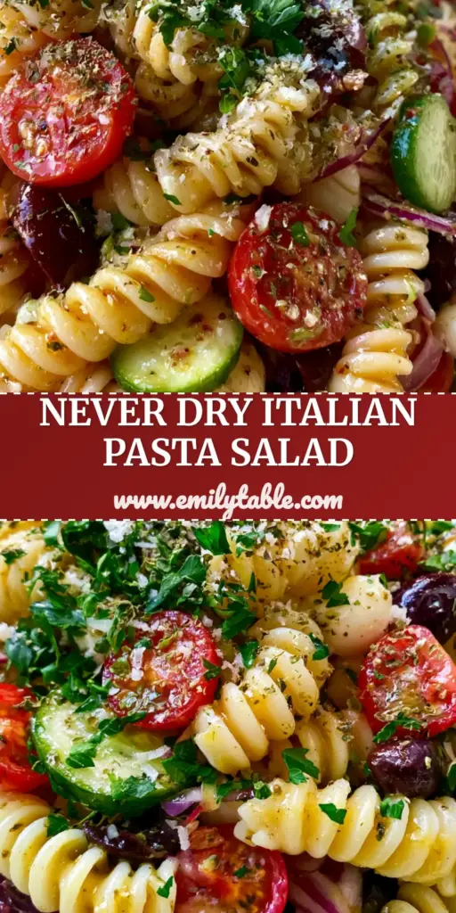 Italian Pasta Salad with Glistening Golden-Herb Vinaigrette 4 A close-up vertical shot of a vibrant Italian Pasta Salad in a cream bowl, featuring rotini, tomatoes, and mozzarella pearls. (Italian Pasta Salad)