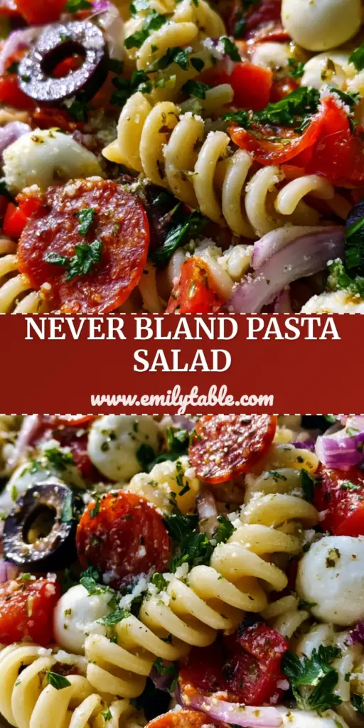 A top-down view of a vibrant italian pasta salad featuring rotini, pepperoni, and mozzarella pearls in a white bowl.
