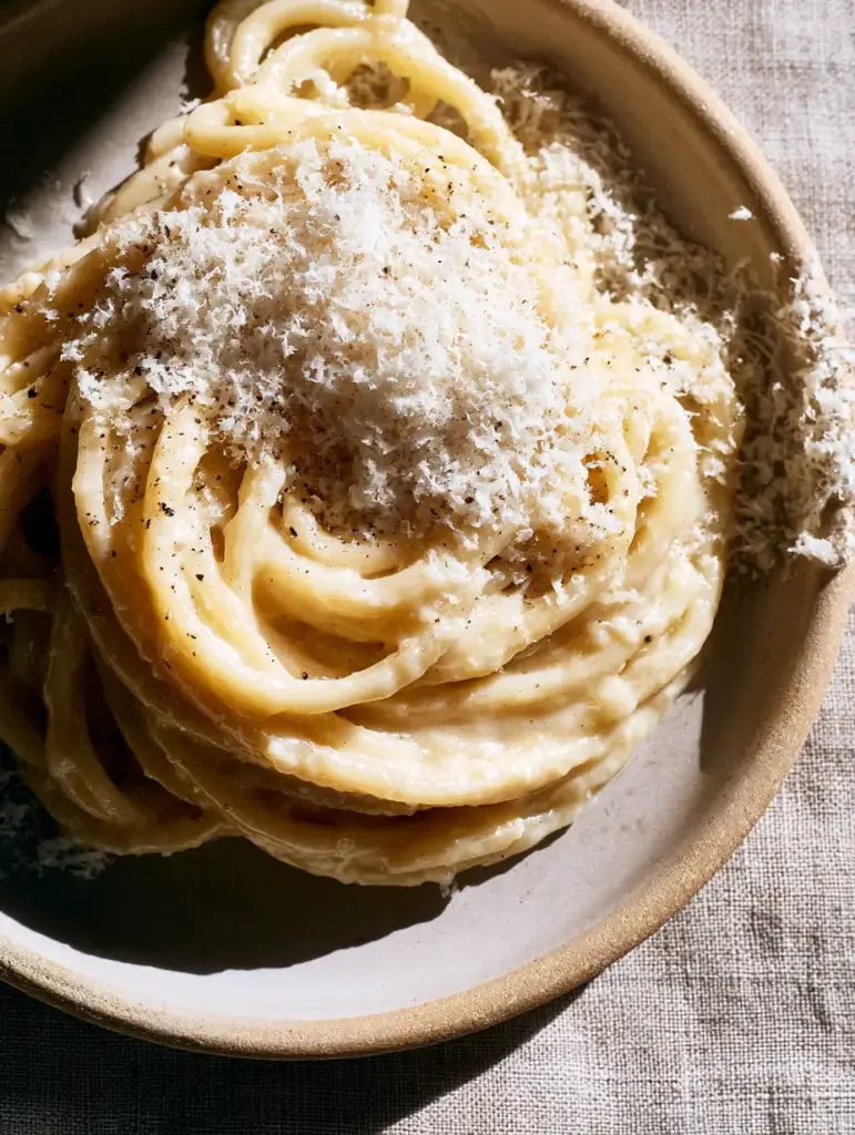 Authentic Italian Pasta Recipes: The Ultimate Creamy Cacio e Pepe 1 Twirled thick spaghetti on a matte rustic ceramic plate with heavy dusting of Pecorino cheese.