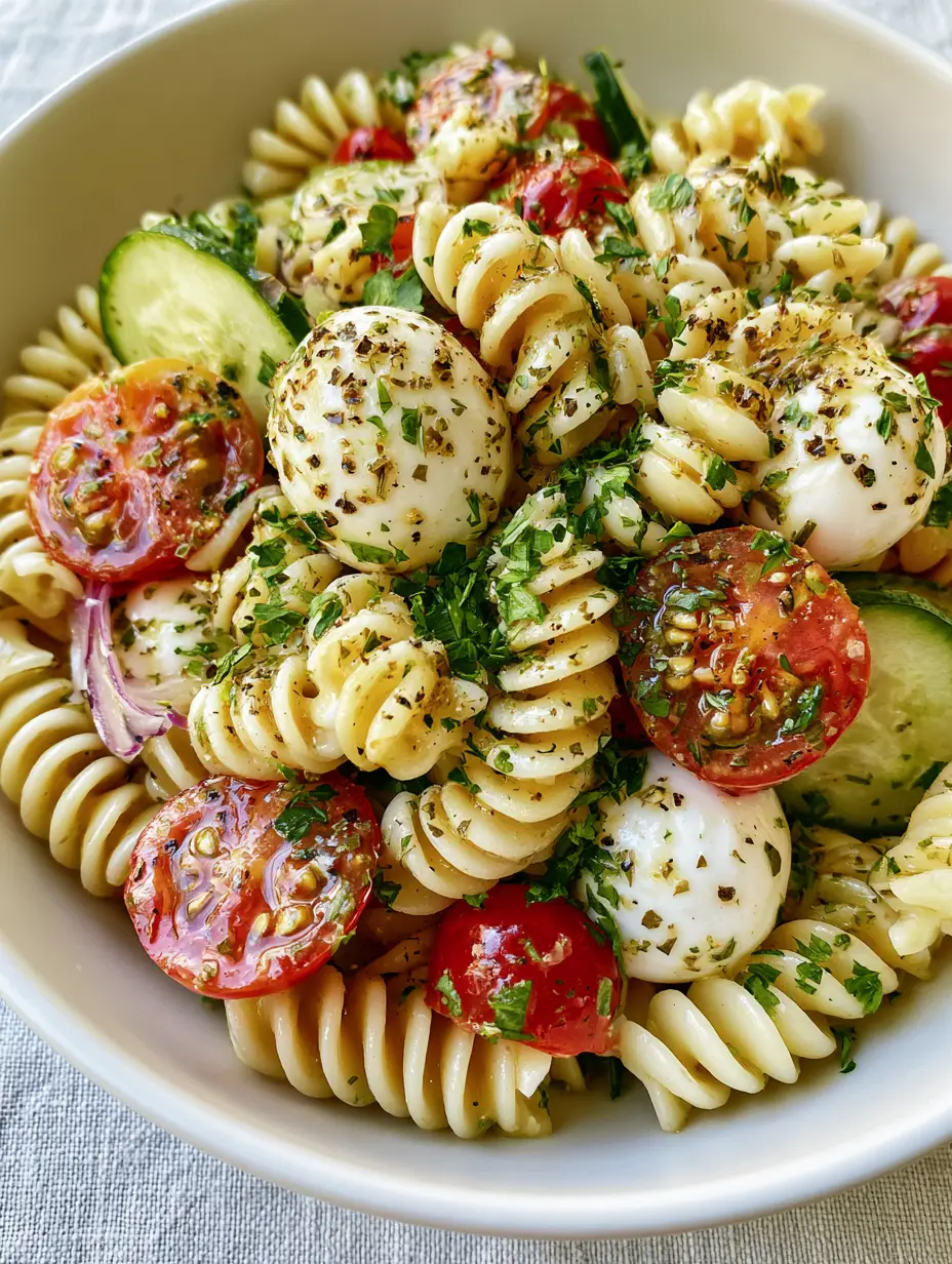 Close-up high-angle photo of Italian pasta salad showing the glistening dressing on rotini spirals and fresh mozzarella pearls.